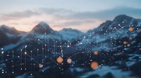 Glowing network connections float over snowy mountain landscape at dusk, with bokeh light effects and geometric lines forming digital constellation pattern.