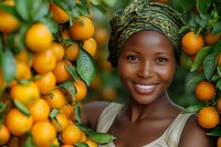 Young African woman in traditional headwrap smiling brightly among fresh orange citrus trees in orchard, natural sunlight illuminating vibrant fruits and green leaves.