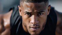 Young African American man with intense focused expression wearing black athletic wear during fitness training workout session.