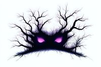 Mysterious glowing purple eyes peer through dark twisted branches against white background, creating spooky Halloween atmosphere. Isolated design element for seasonal projects.