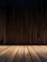 Empty wooden stage or platform with dark brown vertical planks background and light wooden floor under starry night sky, creating atmospheric scene.
