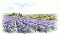 Watercolor lavender field landscape with a rustic farmhouse, rolling hills, and cypress trees under a soft cloudy sky, isolated on white.
