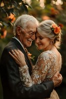 Happy senior couple embracing in romantic outdoor setting with warm autumn bokeh background for anniversary celebration and mature love concepts.