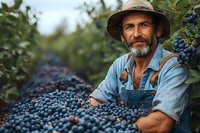 Mature Caucasian farmer with gray beard wearing denim overalls and hat smiles while harvesting fresh organic blueberries on sustainable farm during summer season.