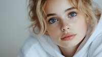 Young blonde woman with blue eyes and natural makeup wrapped in white fabric looking up with serene expression against light background. Soft daylight portrait.