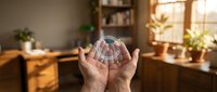Hands holding transparent glass sphere in cozy home office with warm sunlight streaming through window, books and plants creating peaceful workspace atmosphere.