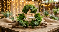 Fresh green moss-covered recycling symbol on rustic wooden table with warm bokeh lights background for eco-friendly sustainability concepts.
