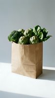 Fresh green vegetables including broccoli and artichokes in brown paper grocery bag on white surface against gray background for healthy eating concepts.