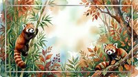 Watercolor red pandas among bamboo and autumn foliage, framed border with copy space for greeting cards and nature prints.