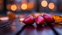 Fresh red cranberries with water drops on wooden surface against blurred bokeh lights background, autumn seasonal food photography composition.