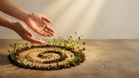 Hands protecting small green seedlings growing in spiral pattern made of seeds and soil, symbolizing environmental care, growth and sustainability.