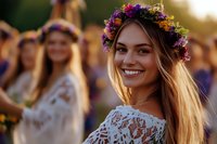 Young blonde woman wearing purple flower crown smiling at outdoor festival with friends in background during golden hour sunset light.