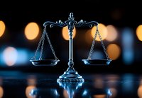 Decorative justice scales on dark background with golden bokeh lights reflecting on glossy surface. Symbol of law, judgment and legal balance.