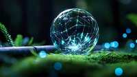 Glowing crystal ball with luminous network patterns rests on green moss, surrounded by magical blue bokeh lights in dark forest setting. Mystical nature photography.