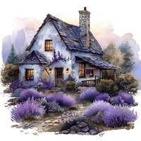 Enchanting watercolor illustration of a cozy cottage surrounded by blooming lavender garden, featuring stone pathway and warm glowing windows, perfect for fairy tale books or home decor designs.