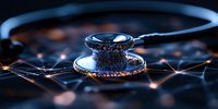 Medical stethoscope on dark background with glowing network connections, representing digital healthcare technology and telemedicine innovation.