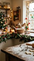 Cozy kitchen workspace with flour-dusted wooden table, cookie cutter, and rolling pin surrounded by festive garland, twinkling lights, and holiday decorations for seasonal baking and cooking projects.