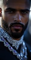 Close-up portrait of African American male model wearing luxurious diamond necklace, with well-groomed beard and intense gaze against dark background.
