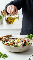 Male chef in dark apron pouring golden olive oil onto fresh vegetable salad in ceramic bowl. Cooking and food preparation concept for culinary, recipe, and healthy eating content.