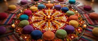 Colorful traditional rangoli pattern with vibrant geometric design surrounded by decorative powder piles for Diwali festival celebration and cultural events.
