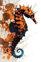 Artistic seahorse silhouette in orange and teal watercolor splash effect against white background, featuring dynamic paint splatters and abstract fluid shapes.