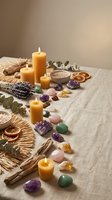 Spa wellness setup with burning candles, healing crystals, dried lavender, eucalyptus and natural elements on linen surface for relaxation therapy.