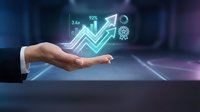 Business hand presenting holographic growth chart with upward arrows and financial data analytics for corporate success and investment strategy.