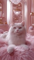 Fluffy white cat with blue eyes sitting on pink fur blanket in luxurious pink interior with crystal chandelier and elegant decor for pet lifestyle content.
