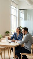 Mature businesswoman and male colleague collaborating on laptop in bright modern office space with natural lighting and minimalist design.