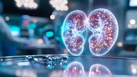 Glowing translucent kidneys with luminescent internal structures floating above reflective surface against blurred medical background, illustrating advanced medical visualization.