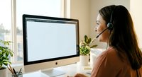 Professional woman with headset working at computer in bright home office. Remote work, customer service, online consultation and telecommuting concept.