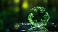 Glowing green recycling symbol floating above water ripples with bokeh background creates magical environmental concept for sustainability messaging.