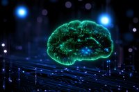 Glowing green digital brain visualization with neural network connections and blue light effects on dark background, representing artificial intelligence technology.