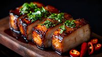 Glazed pork belly slices with caramelized coating and fresh herbs served on wooden board, garnished with red chili peppers, close up shot in dark moody setting.