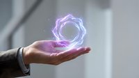 Hand holding glowing purple neon energy orb with geometric pattern, representing innovation, technology, and futuristic power for digital transformation concepts.