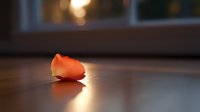 Orange peel on dark wooden surface with soft window light creating atmospheric mood and gentle bokeh effect in background.