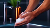 Hands washing with soap foam under running water in modern dark bathroom with dramatic lighting and water drops splashing. Hygiene concept.