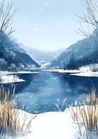 Serene winter lake landscape with snow-covered mountains, bare trees, and dried reeds along shoreline, reflecting peaceful seasonal atmosphere as snowflakes fall gently.
