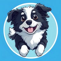 Cheerful border collie puppy with black and white fur smiling and sticking out tongue against blue circular background, cartoon style illustration for pet-related designs.
