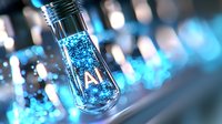 Glowing blue particles in glass vial labeled AI against blurred technological background, representing artificial intelligence and future innovation.