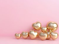 Metallic gold heart shapes arranged in ascending composition on pink background, romantic minimal design concept for valentines and love themes.