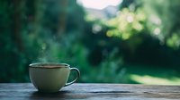 Steaming coffee cup on wooden table with blurred green nature background, morning relaxation and outdoor cafe atmosphere for lifestyle content.