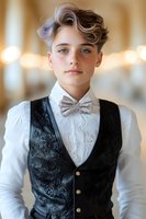Young androgynous person with lilac-tinted hair wearing formal attire including ornate black brocade vest, white shirt and silver bow tie against soft bokeh background.
