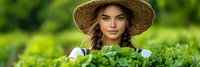 Young woman farmer in straw hat harvesting fresh green lettuce in organic garden. Agricultural worker picking leafy vegetables for healthy eating and farm produce.