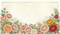 Vintage floral frame with ranunculus flowers and greenery on cream background for wedding invitations, greeting cards and romantic designs.