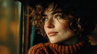 Young woman with curly hair in cozy orange sweater looking thoughtfully out window with warm natural lighting for lifestyle and fashion content.