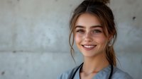 Young Caucasian female professional with warm smile and casual business attire poses against concrete wall background, hair styled in relaxed updo with loose strands framing face.