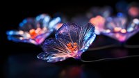 Luminescent translucent flower with blue petals and orange center glowing in darkness, macro photography with shallow depth of field creating dreamy bokeh effect.
