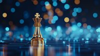 Golden chess king piece standing alone on reflective surface against blurred blue and gold bokeh lights background, symbolizing leadership and strategy.