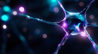 Glowing neuron cell with dendrites and axons illuminated in neon blue and purple colors against dark background with bokeh lights, showing neural network connectivity.